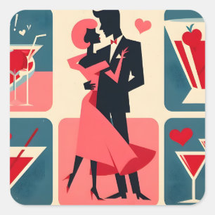 Mid Century Modern Valentine Dancing Couple Square Sticker