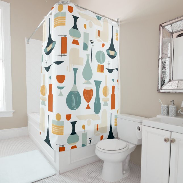 Mid Century Modern Vase Shape Bathroom Shower Curtain (In Situ)