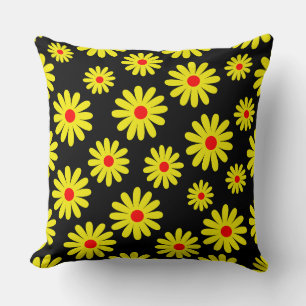 mid century modern vibrant daisies floral black cushion