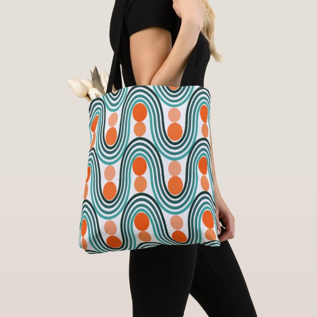 Mid-Century Modern Waves and Circles Tote Bag (Close Up)