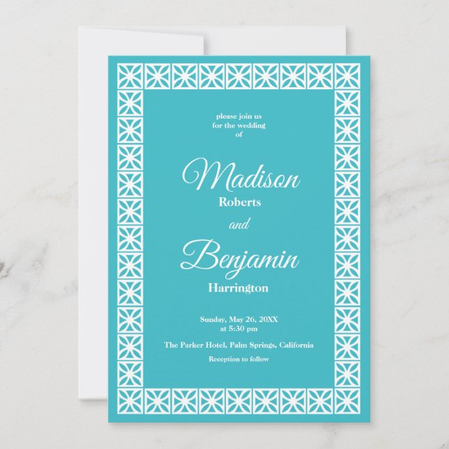 Mid Century Modern Wedding, Retro, Blue, White Invitation (Front)