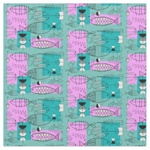 Mid-Century Modern Whimsical Fish Pink and Blue Fabric