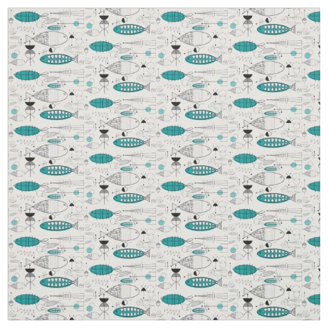 Mid-Century Modern Whimsical Fish Retro Teal Fabric (Swatch)