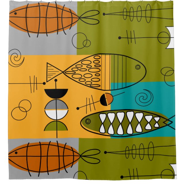 Mid-Century Modern WhimsicalFish Shower Curtain (Front)
