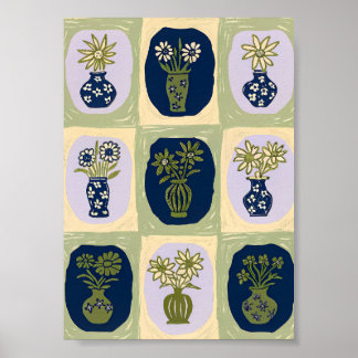 Mid-Century Modern Wildflower Vase Grid Art Poster