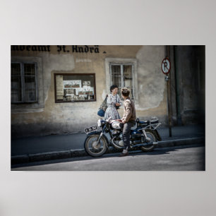 Mid Century Modern Woman with Man on Motorcycle Poster