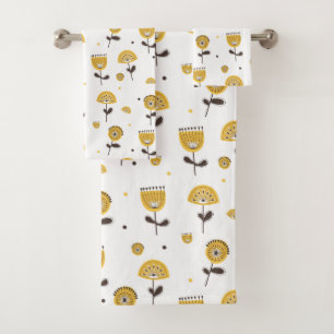 Mid Century Modern Yellow Floral Pattern Bath Towel Set