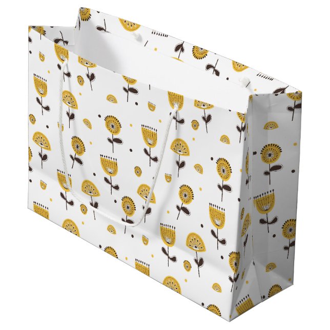 Mid Century Modern Yellow Floral Pattern Large Gift Bag (Front Angled)