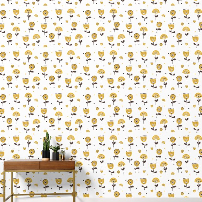 Mid Century Modern Yellow Floral Pattern Wallpaper (Hallway)