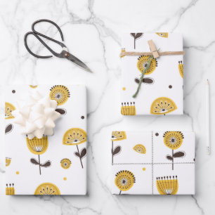 Mid Century Modern Yellow Floral Pattern Wrapping Paper Sheet
