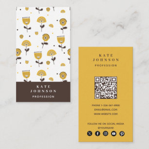 Mid Century Modern Yellow Floral QR Code Business Card