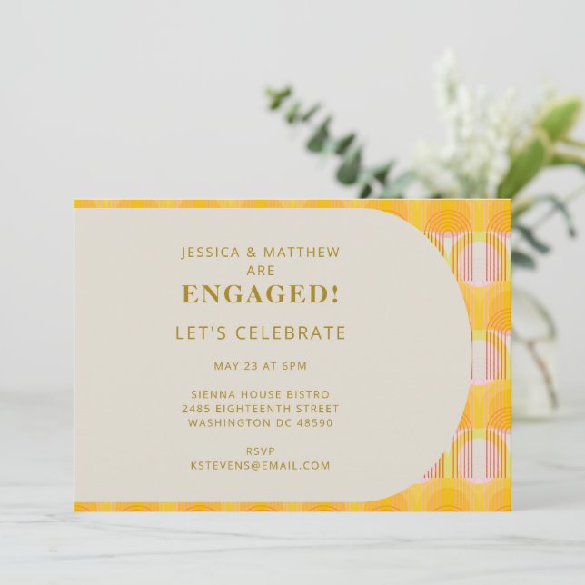Mid Century Modern Yellow Geometric Engagement  Invitation (Standing Front)