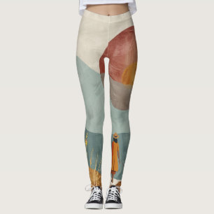 Mid Century Mountain Landscape Terracotta Sage Art Leggings