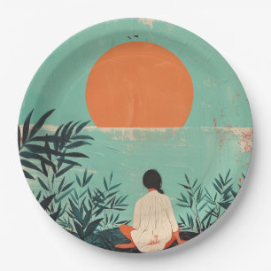 Mid Century Mountain Landscape Terracotta Sage Art Paper Plate