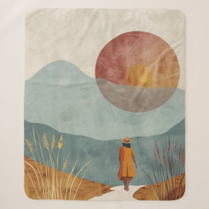 Mid Century Mountain Landscape Terracotta Sage Art Sherpa Blanket