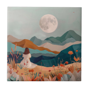Mid Century Mountain Landscape Terracotta Sage Art Tile