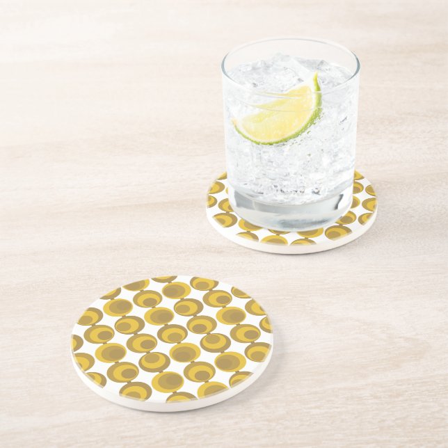 Mid-Century Mustard Gold Retro Geo Pattern Round Coaster (Side)