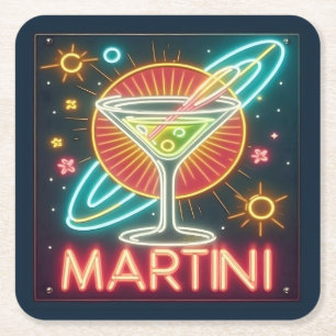 Mid Century Neon Martini Sign Square Paper Coaster