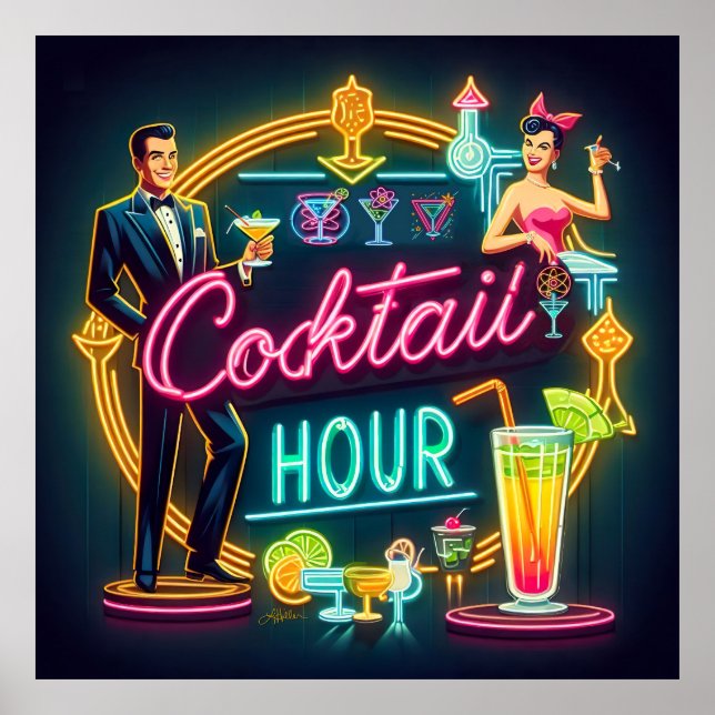 Mid Century Neon Sign Cocktail Hour Couple (Front)