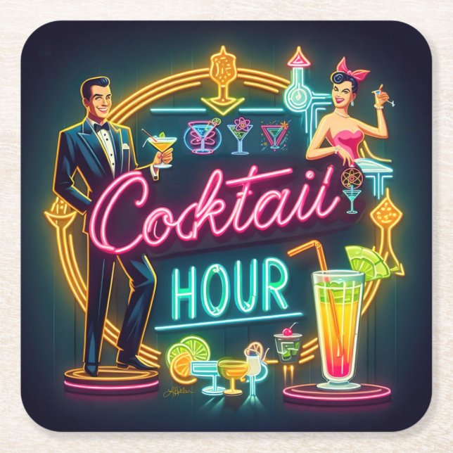 Mid Century Neon Sign Cocktail Hour Couple Square Paper Coaster (Front)