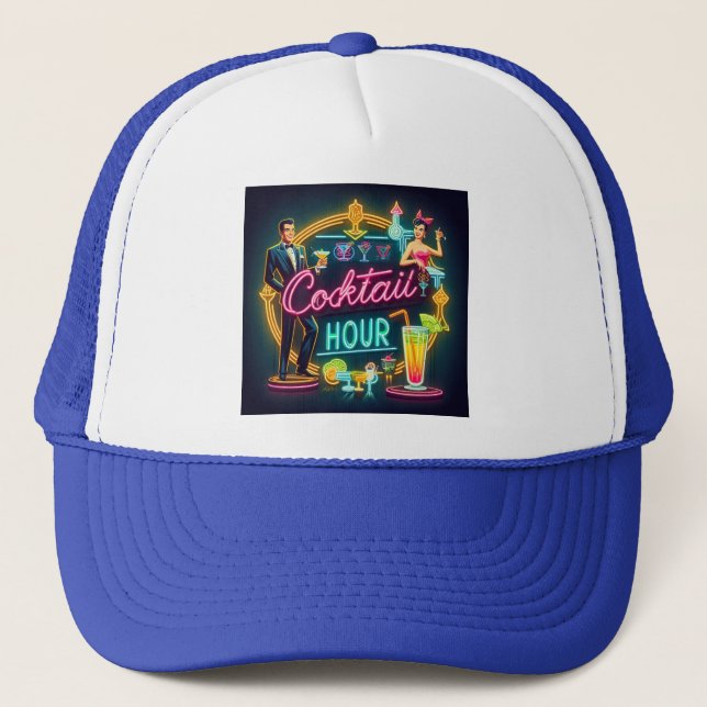 Mid Century Neon Sign Cocktail Hour Couple Trucker Hat (Front)