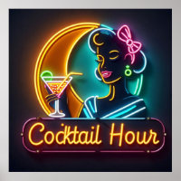 Mid Century Neon Sign Cocktail Hour Woman
