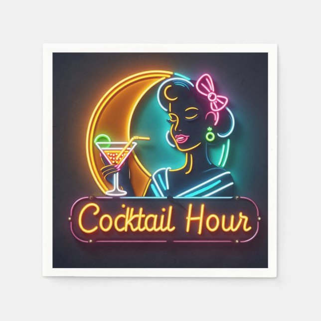 Mid Century Neon Sign Cocktail Hour Woman Napkin (Front)