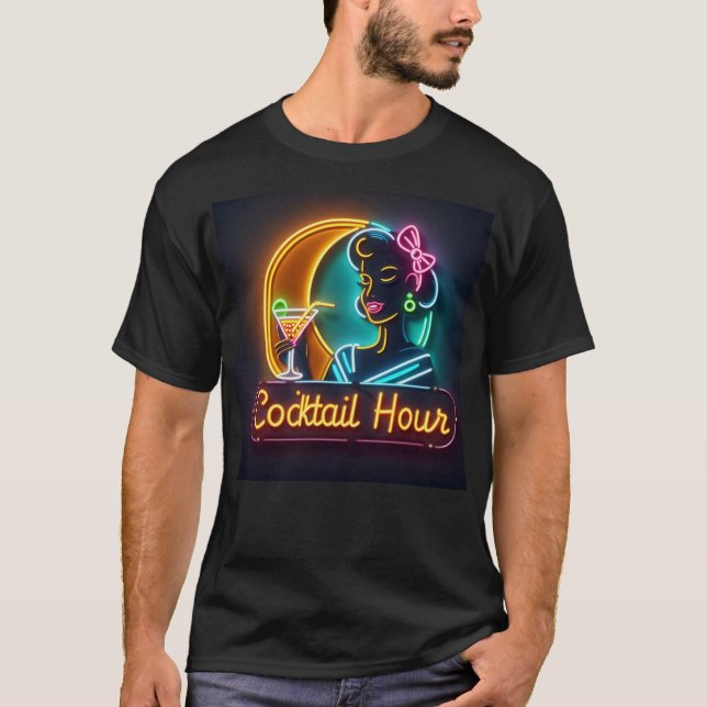 Mid Century Neon Sign Cocktail Hour Woman T-Shirt (Front)