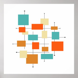 Mid Century Orange and Teal Geometric Retro Poster