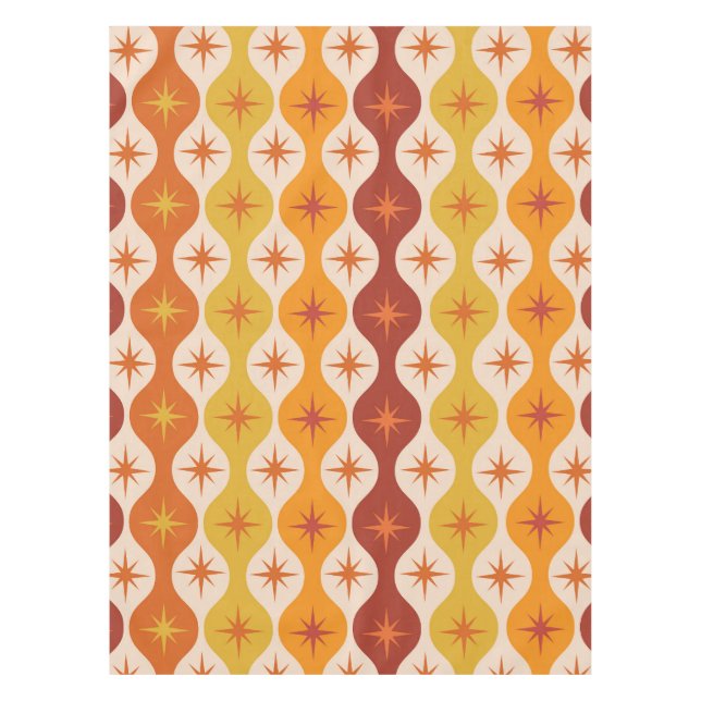 Mid Century Orange Mod Stars on ogee pattern   Tablecloth (Front)
