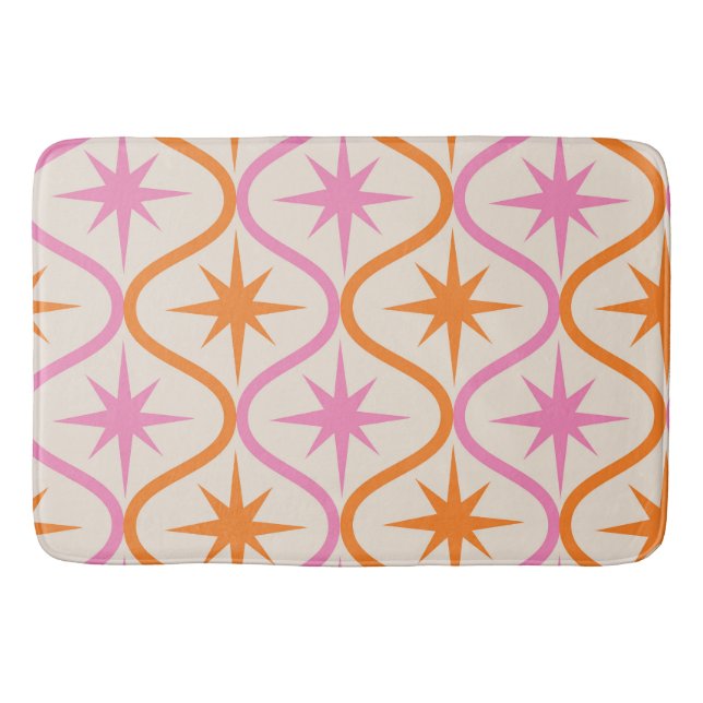 Mid Century Orange Pink Starbursts on Ogee Pattern Bath Mat (Front)