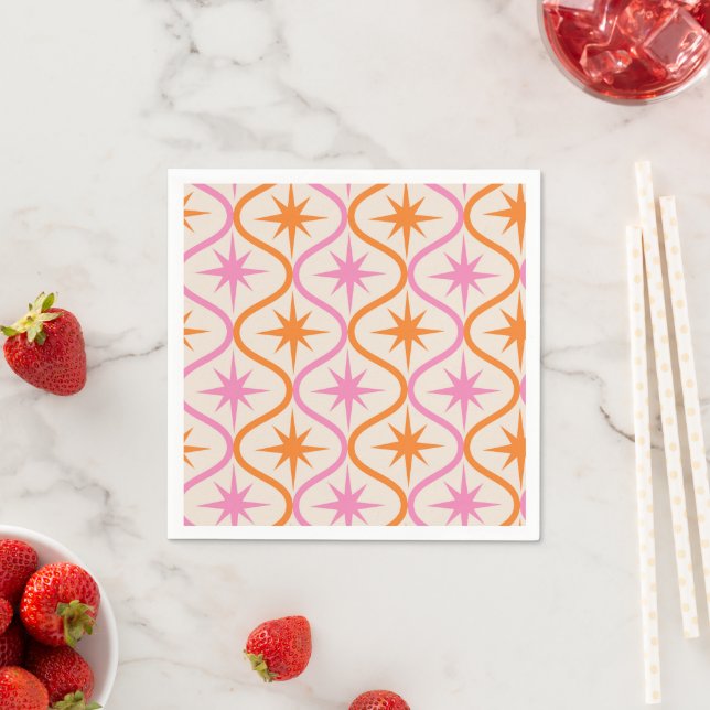 Mid Century Orange Pink Starbursts on Ogee Pattern Napkin (Insitu)