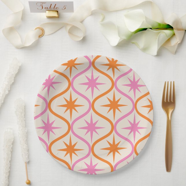 Mid Century Orange Pink Starbursts on Ogee Pattern Paper Plate (Wedding)