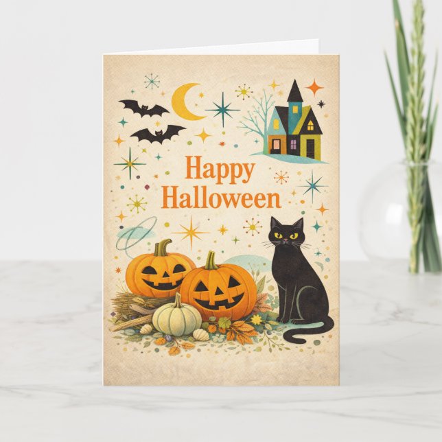 Mid Century Orange Pumpkins Halloween Card (Front)