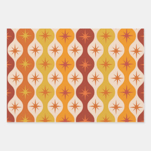 Mid Century Orange Stars on ogee pattern Wrapping Paper Sheet