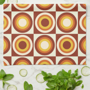 Mid Century Orange Yellow Circles on squares Tea Towel