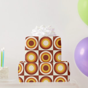 Mid Century Orange Yellow Circles on squares Wrapping Paper