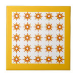 Mid-Century Orange & Yellow Starburst Pattern Tile<br><div class="desc">Mid-century modern inspired design featuring vintage pattern of retro orange starbursts on a white background, framed in bright yellow. Simple, clean modern design. One design of a coordinating collection. Create your own custom pattern by uploading a new image, or use the "message" button to contact the designer for help. To...</div>