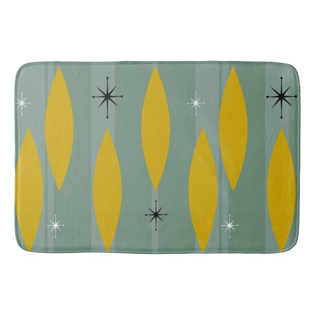 Mid Century Ovals Starbursts Stripes, Gold on Teal Bath Mat (Front)
