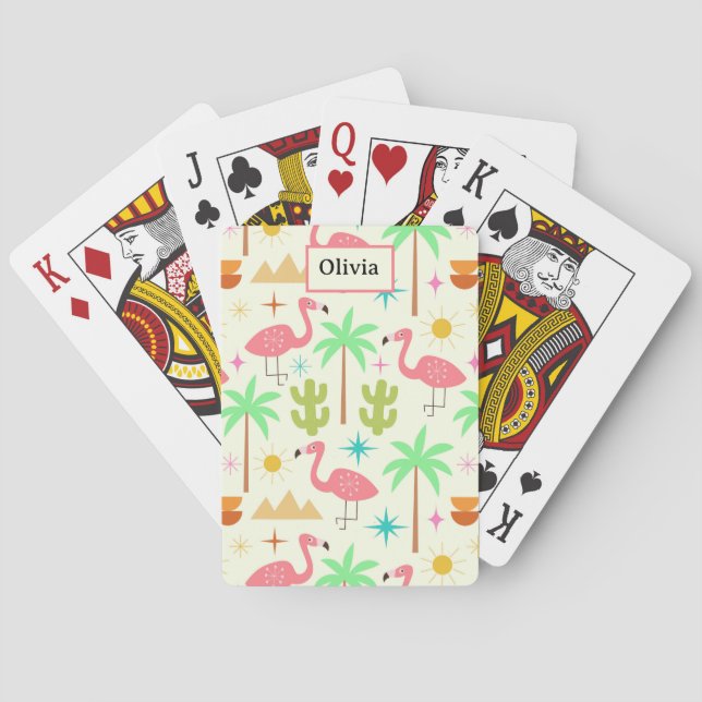 Mid Century Palm Springs Flamingo with Trees  Playing Cards (Back)