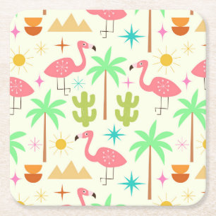 Mid Century Palm Springs Flamingo with Trees Square Paper Coaster