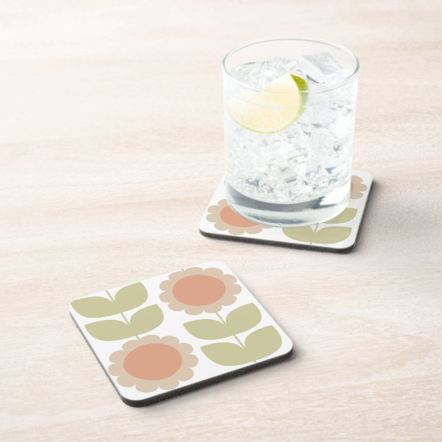  Mid-Century Pastel Pink Retro Floral Pattern Coaster (Right Side)