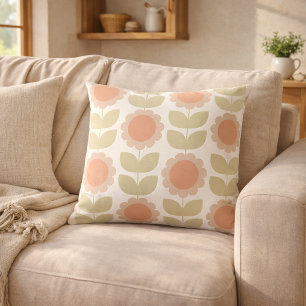  Mid-Century Pastel Pink Retro Floral Pattern Cushion