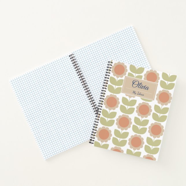  Mid-Century Pastel Pink Retro Floral Pattern Notebook (Inside)