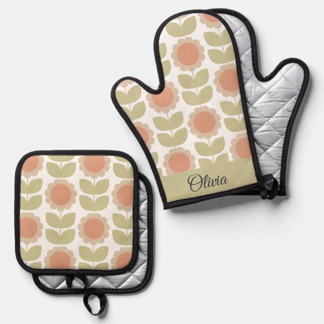  Mid-Century Pastel Pink Retro Floral Pattern Oven Mitt & Pot Holder Set (Front/Back)