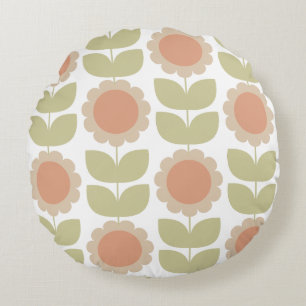  Mid-Century Pastel Pink Retro Floral Pattern Round Cushion