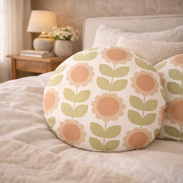  Mid-Century Pastel Pink Retro Floral Pattern Round Cushion (Creator Uploaded)