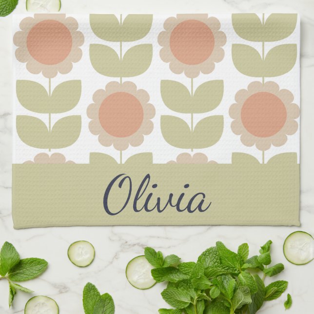  Mid-Century Pastel Pink Retro Floral Pattern Tea Towel (Folded)