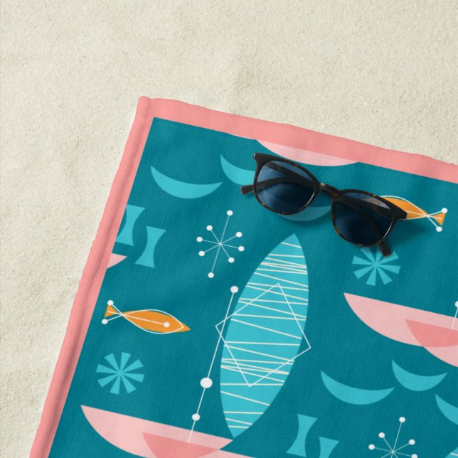 Mid Century Pink Catamaran - Blue Background Beach Towel (In Situ)