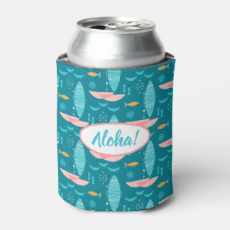 Mid Century Pink Catamaran - Blue Background Can Cooler